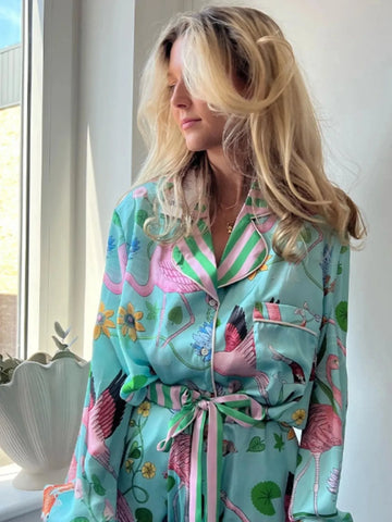 Vibrant Flamingo Silk Pajama Set for Women - Fun and Fashionable Sleepwear